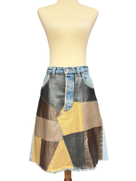 Upcycled Dresses & Skirts - Vintage Leather Patchwork Skirt Upcycled Levi’s 501 Denim Jeans Size 12